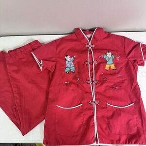 Vintage Daffodil Child's Embroidered Red Chinese 2 Piece Play Outfit Top Pants 8